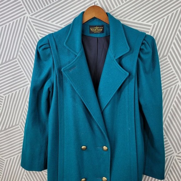 Vintage Long Coat size 6/8 Wool Trench Coat Winter duster Teal Double Breasted - Picture 2 of 10